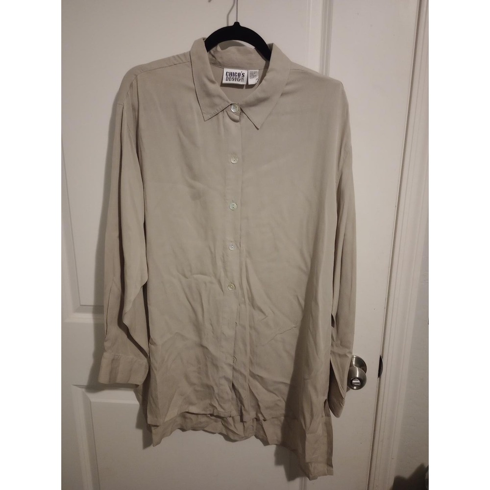Chico's Design Women Beige 100% Silk Button Front Long Sleeve Blouse Size 2 L